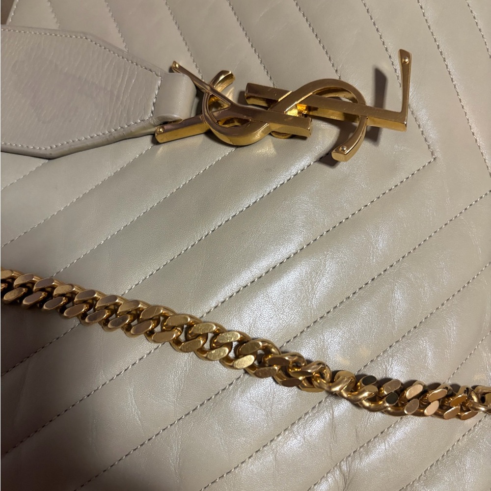Saint Laurent Cream Quilted Leather Shoulder Bag with Gold Hardware